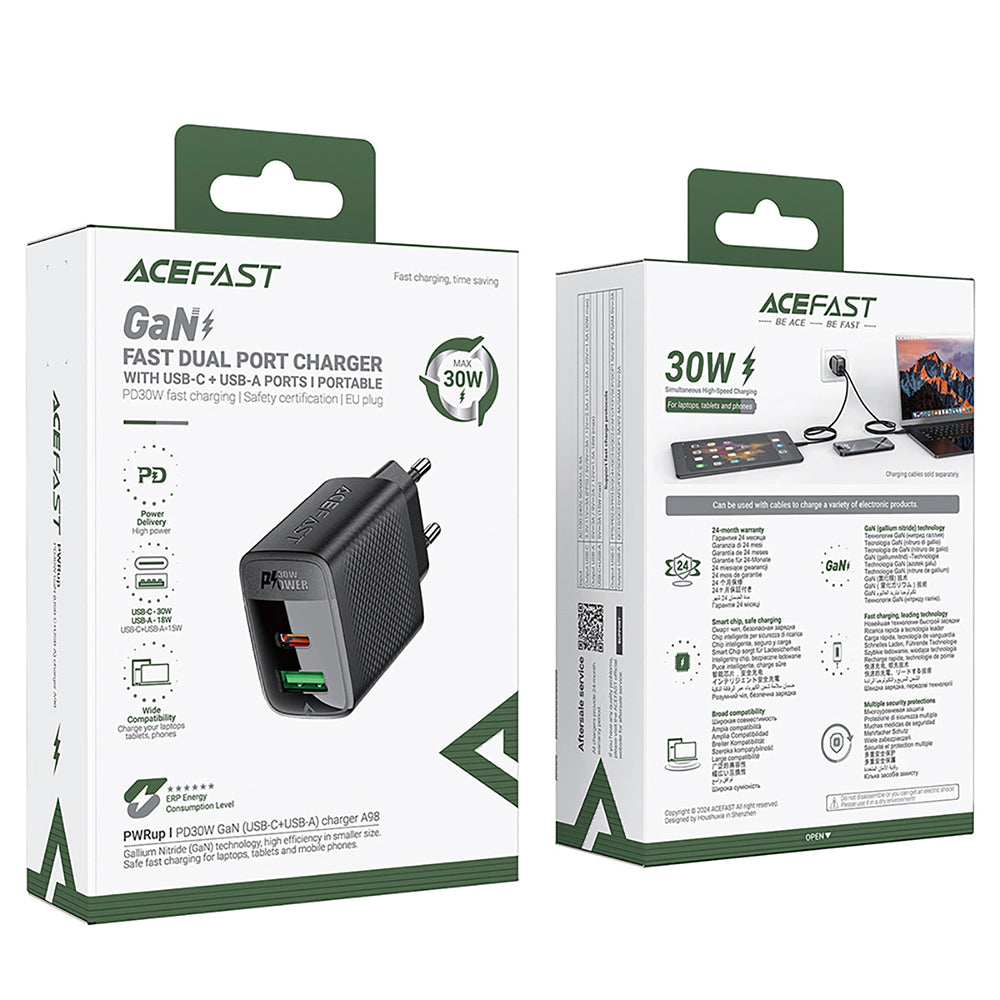 Acefast A98 nettverkslader, 30W, 3A, 1 x USB-A - 1 x USB-C, Svart