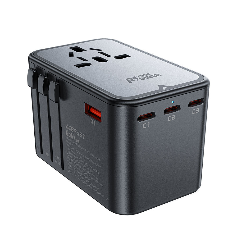Acefast Travel Z1 nettverkslader, 75W, 3.35A, 2 x USB-A - 3 x USB-C, Svart