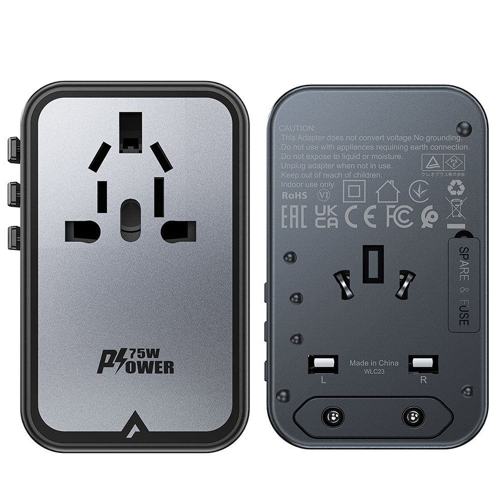 Acefast Travel Z1 nettverkslader, 75W, 3.35A, 2 x USB-A - 3 x USB-C, Svart