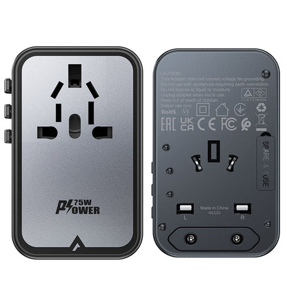 Acefast Travel Z1 nettverkslader, 75W, 3.35A, 2 x USB-A - 3 x USB-C, Svart