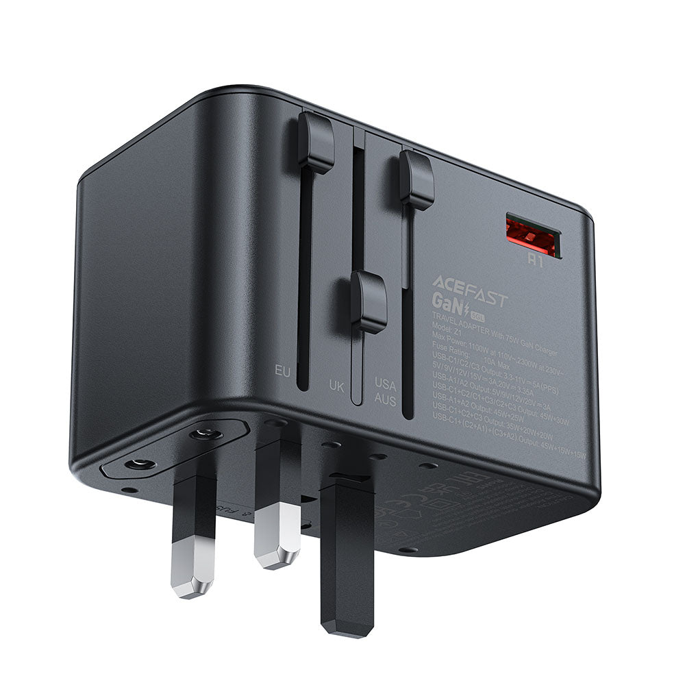 Acefast Travel Z1 nettverkslader, 75W, 3.35A, 2 x USB-A - 3 x USB-C, Svart