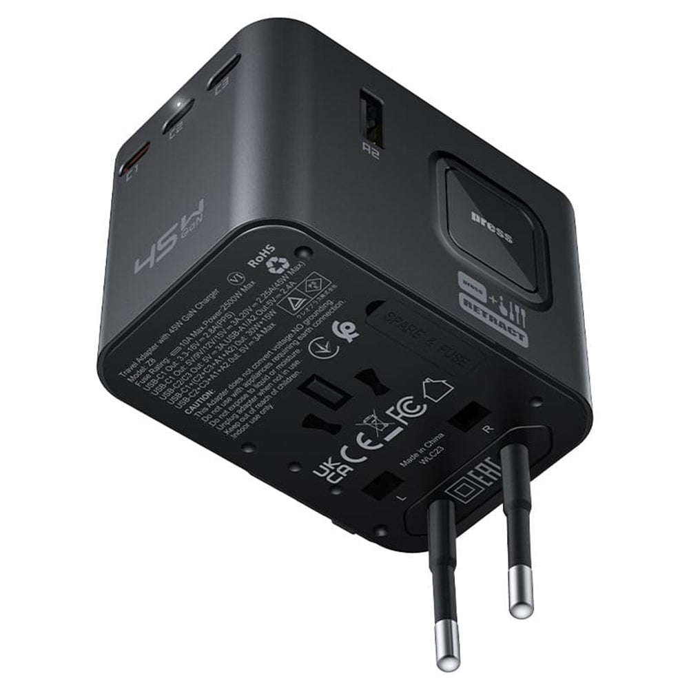 Acefast Z8 Travel nettverkslader, 45W, 3A, 2 x USB-A - 3 x USB-C, Svart