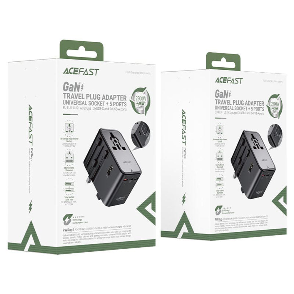 Acefast Z8 Travel nettverkslader, 45W, 3A, 2 x USB-A - 3 x USB-C, Svart