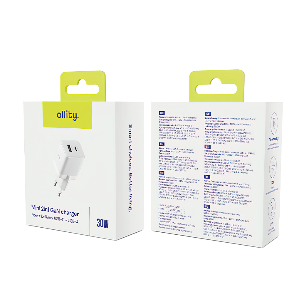Allity Nettlader. ATC-01-30WAC Mini, 30W, 3A, 1 x USB-A - 1 x USB-C, Hvit