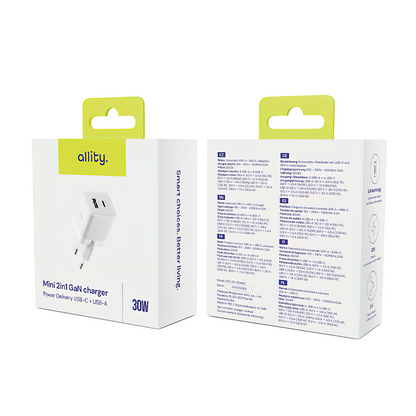 Allity Nettlader. ATC-01-30WAC Mini, 30W, 3A, 1 x USB-A - 1 x USB-C, Hvit