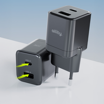 Allity Nettlader. ATC-01-30WAC Mini, 30W, 3A, 1 x USB-A - 1 x USB-C, Svart