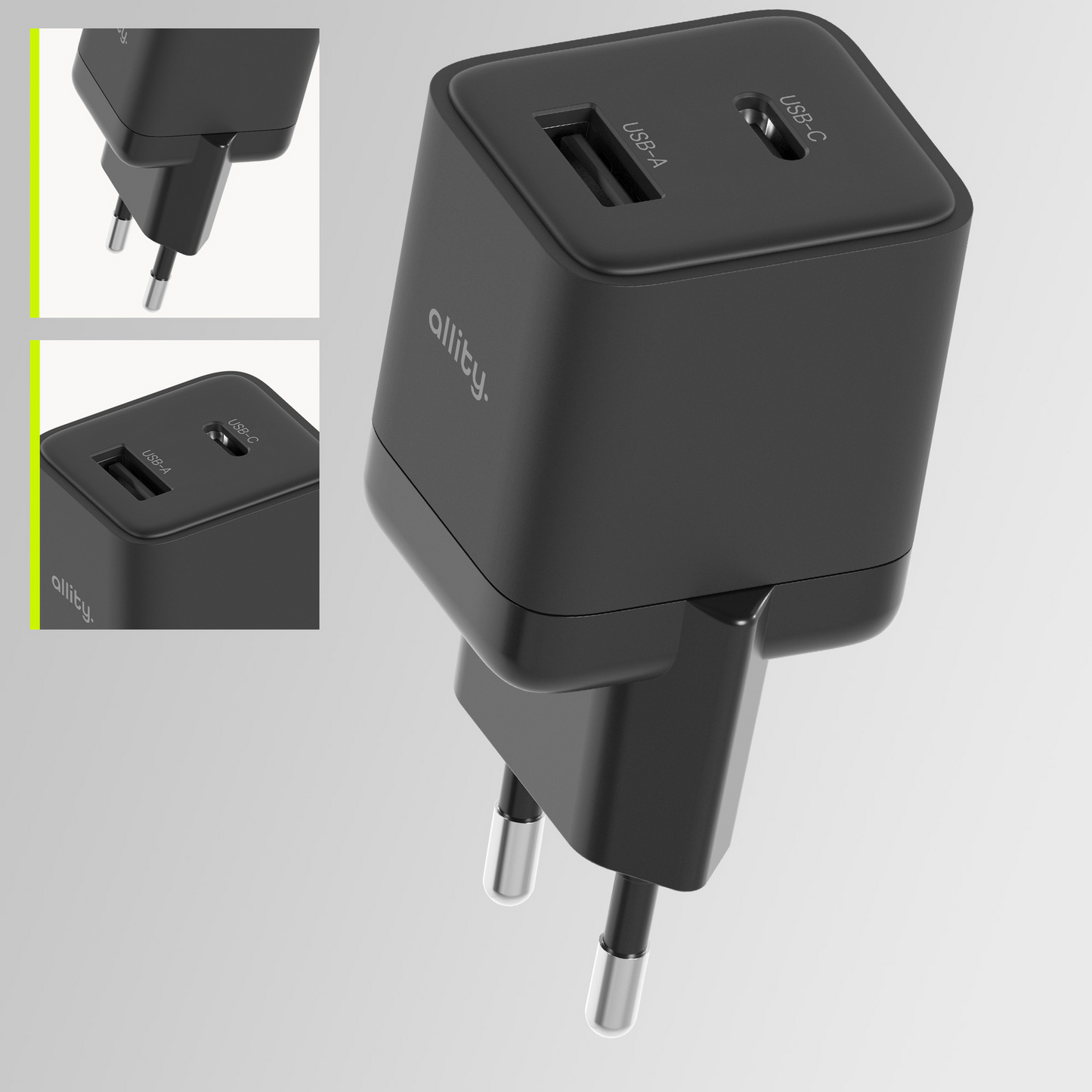Allity Nettlader. ATC-01-30WAC Mini, 30W, 3A, 1 x USB-A - 1 x USB-C, Svart