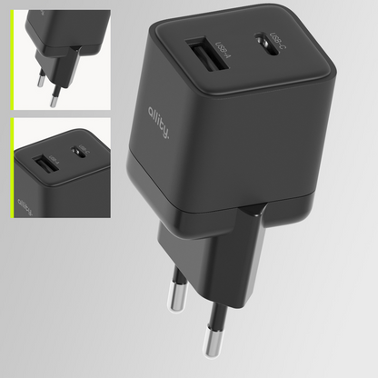Allity Nettlader. ATC-01-30WAC Mini, 30W, 3A, 1 x USB-A - 1 x USB-C, Svart