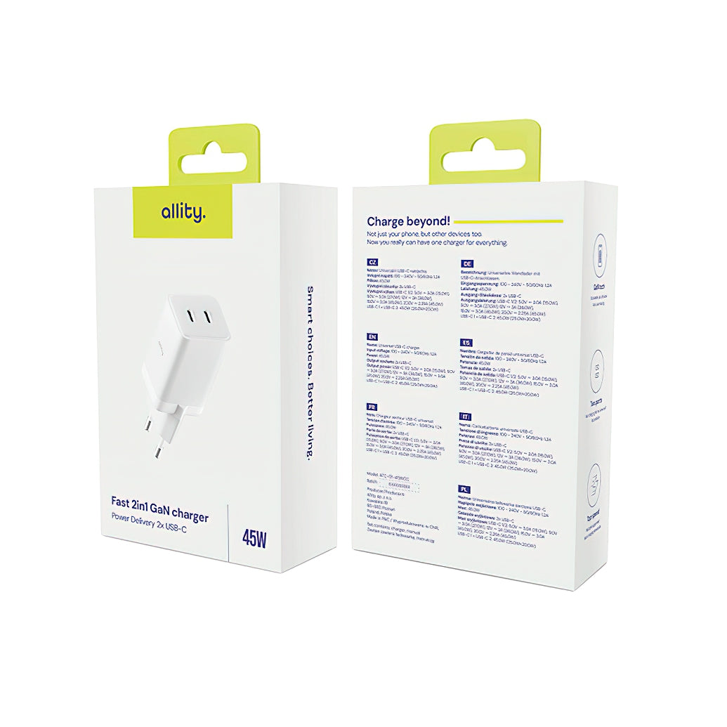Allity Nettlader. ATC-01-45WCC Fast, 45W, 3A, 2 x USB-C, Hvit