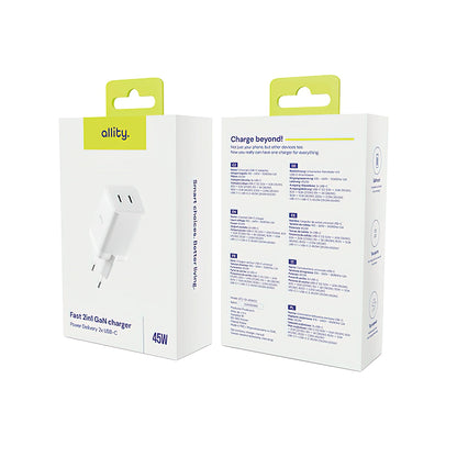Allity Nettlader. ATC-01-45WCC Fast, 45W, 3A, 2 x USB-C, Hvit