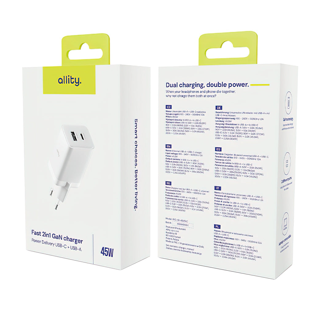 Allity Nettlader. ATC-01-45WCC Fast, 45W, 3A, 1 x USB-A - 1 x USB-C, Hvit