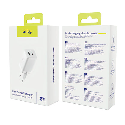 Allity Nettlader. ATC-01-45WCC Fast, 45W, 3A, 1 x USB-A - 1 x USB-C, Hvit