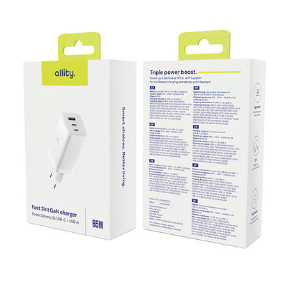 Allity Nettlader. ATC-01-65WACC Fast, 65W, 3.25A, 1 x USB-A - 2 x USB-C, Hvit