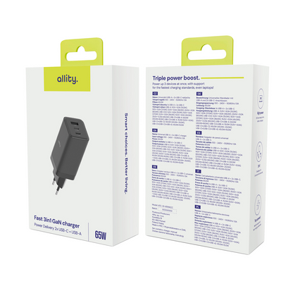 Allity Nettlader. ATC-01-65WACC Fast, 65W, 3.25A, 1 x USB-A - 2 x USB-C, Svart