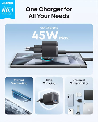 Anker Nano Nettlader, 45W, 3A, 1 x USB-C, Svart A2692L11