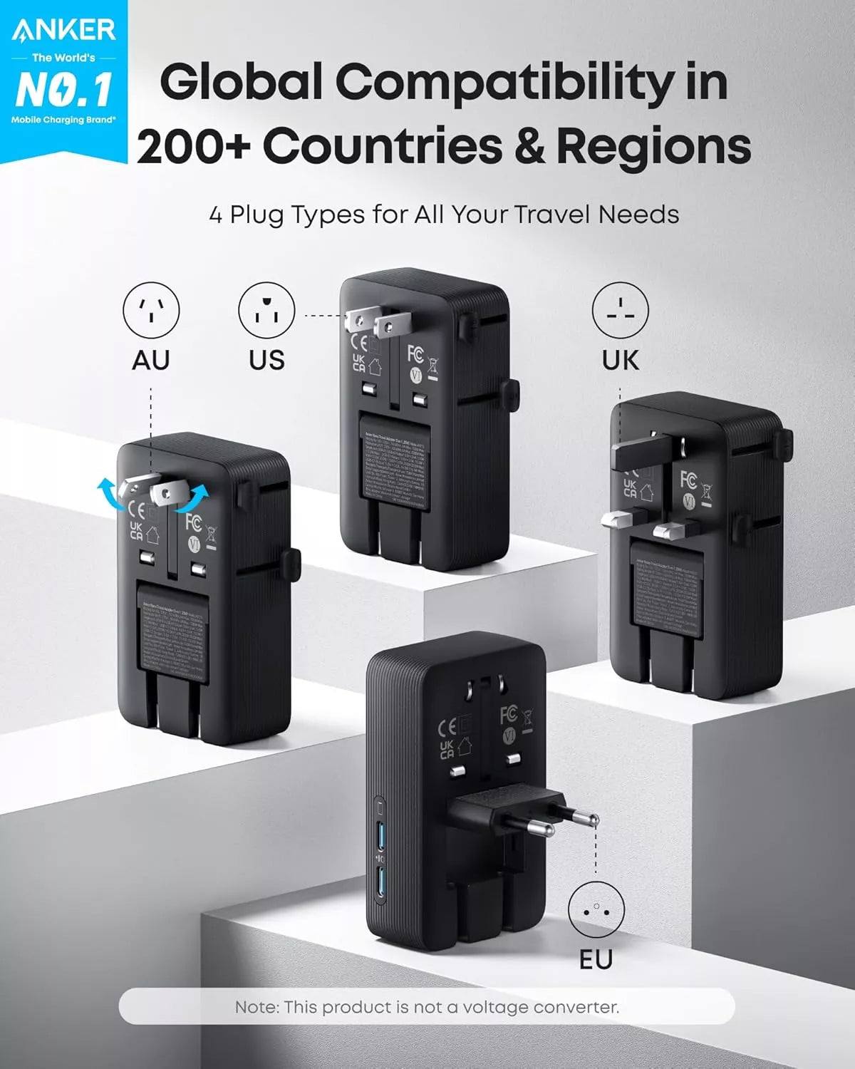 Anker Nano Travel Nettlader, 20W, 3A, 2 x USB-A - 2 x USB-C, Svart A9215H11