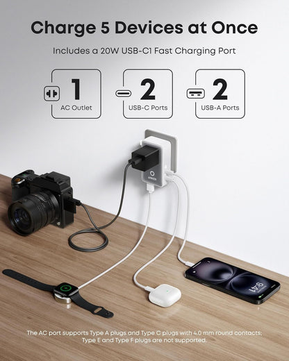 Anker Nano Travel Nettlader, 20W, 3A, 2 x USB-A - 2 x USB-C, Hvit A9215H21