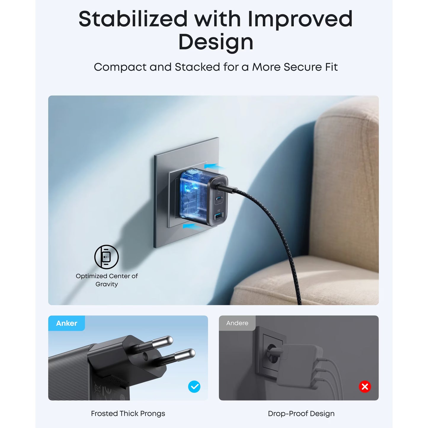 Anker Nano nettverkslader, 70W, 3.5A, 1 x USB-A - 2 x USB-C, Svart A121AL11