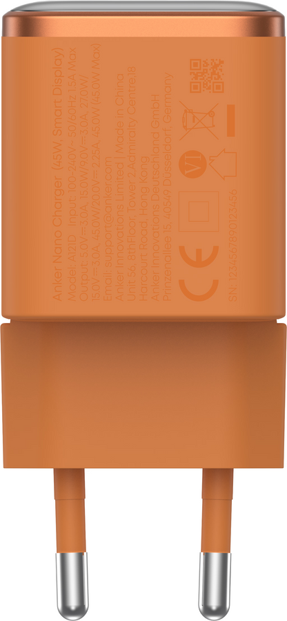 Anker Nano Display Nettlader, 45W, 3A, 1 x USB-C, Oransje A121DGO1