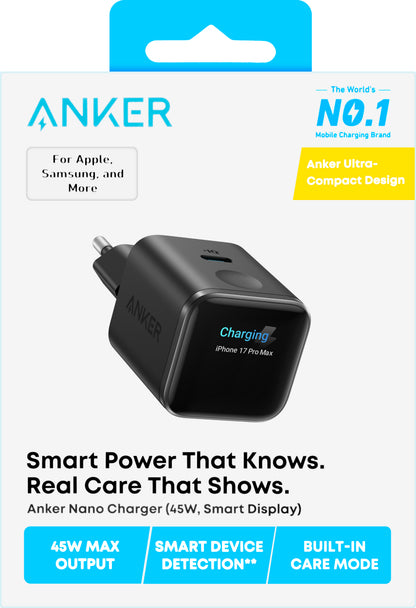 Anker Nano Display Nettlader, 45W, 3A, 1 x USB-C, Svart A121DG11