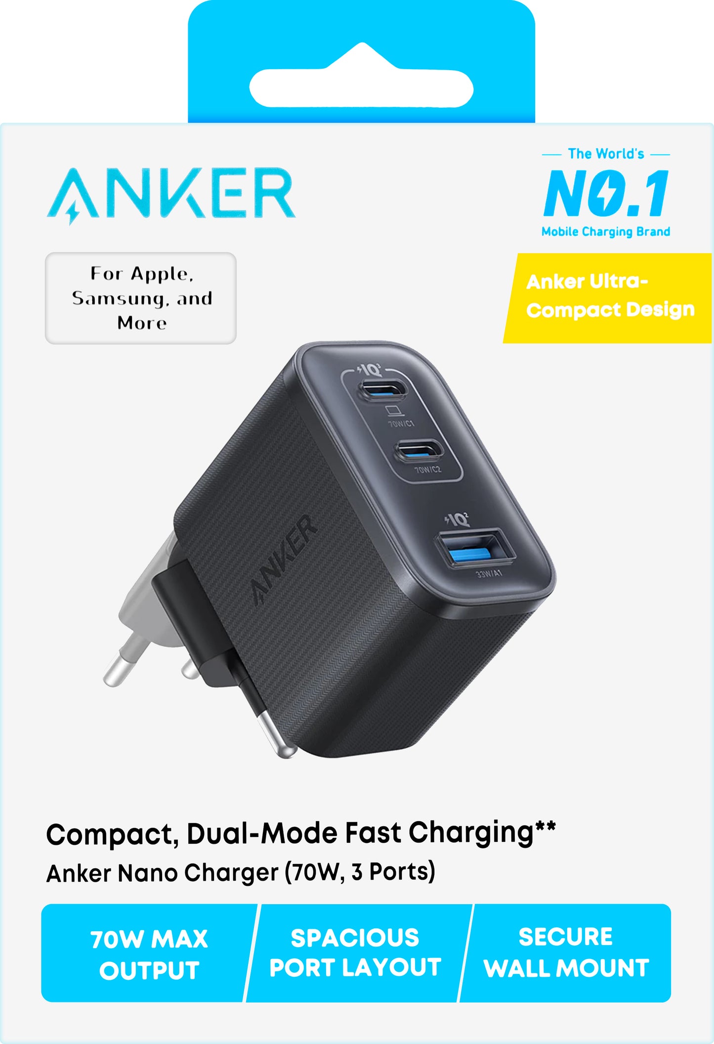 Anker Nano nettverkslader, 70W, 3.5A, 1 x USB-A - 2 x USB-C, Svart A121AL11