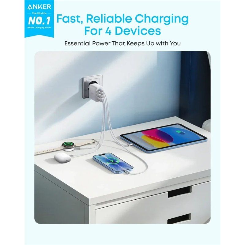Anker Zolo Nettlader, 50W, 3A, 2 x USB-A - 2 x USB-C, Hvit A121EG21