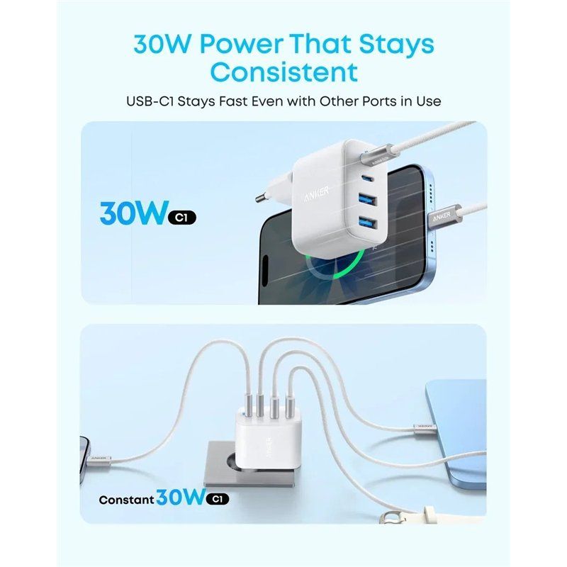 Anker Zolo Nettlader, 50W, 3A, 2 x USB-A - 2 x USB-C, Hvit A121EG21