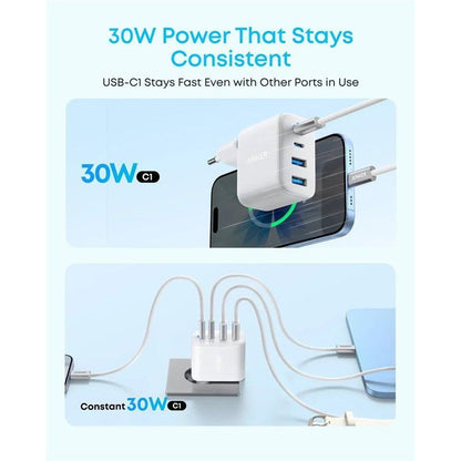 Anker Zolo Nettlader, 50W, 3A, 2 x USB-A - 2 x USB-C, Hvit A121EG21