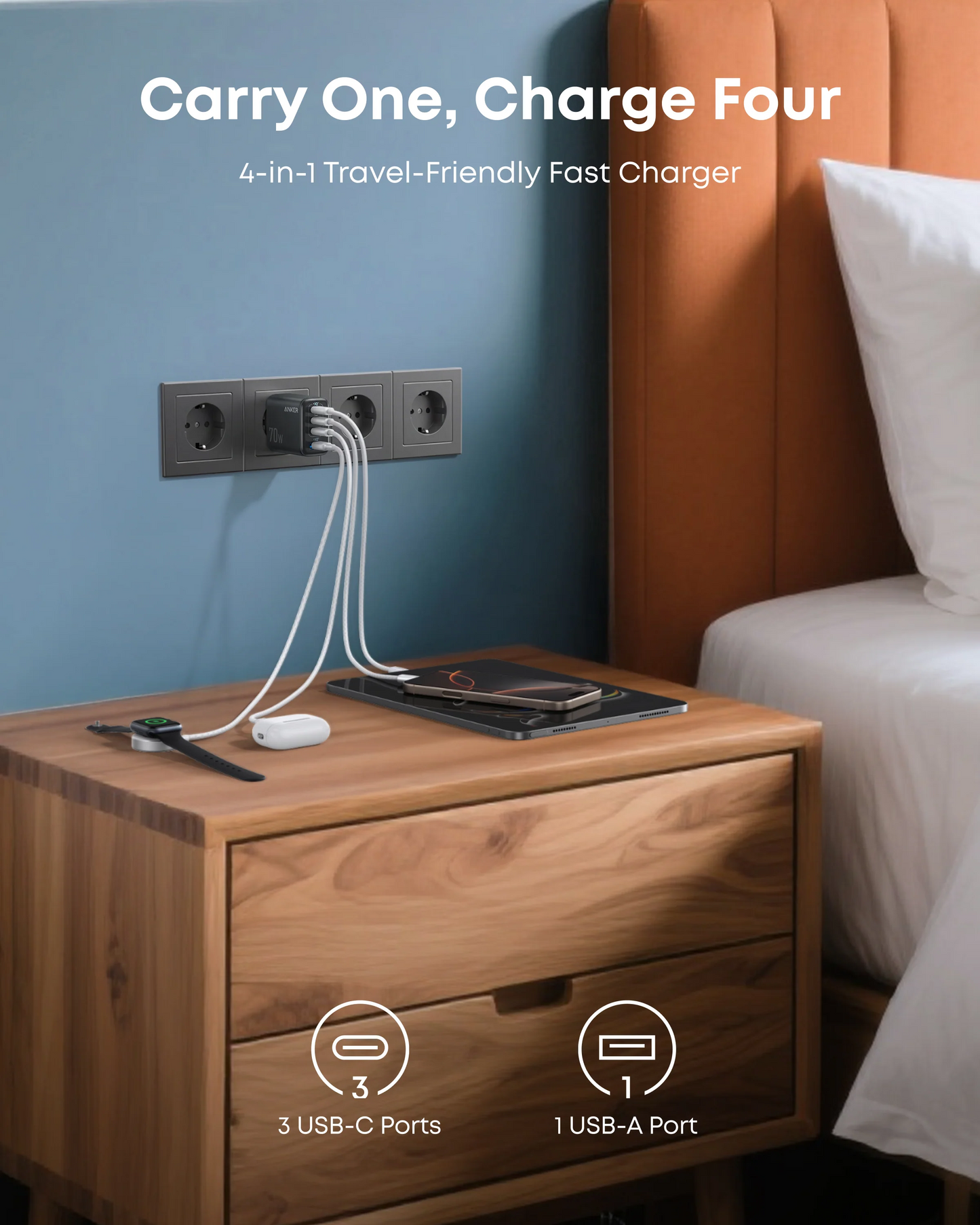Anker Zolo Nettlader, 70W, 1 x USB-A - 3 x USB-C, Svart A121CG11