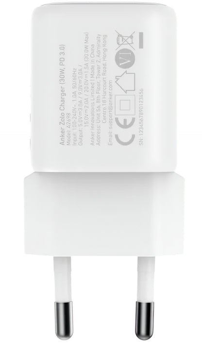 Anker Zolo Nettlader, 30W, 3A, 1 x USB-C, Hvit A2698G21