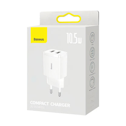 Baseus Compact Nettlader, 10.5W, 2.1A, 2 x USB-A, Hvit CCXJ010202