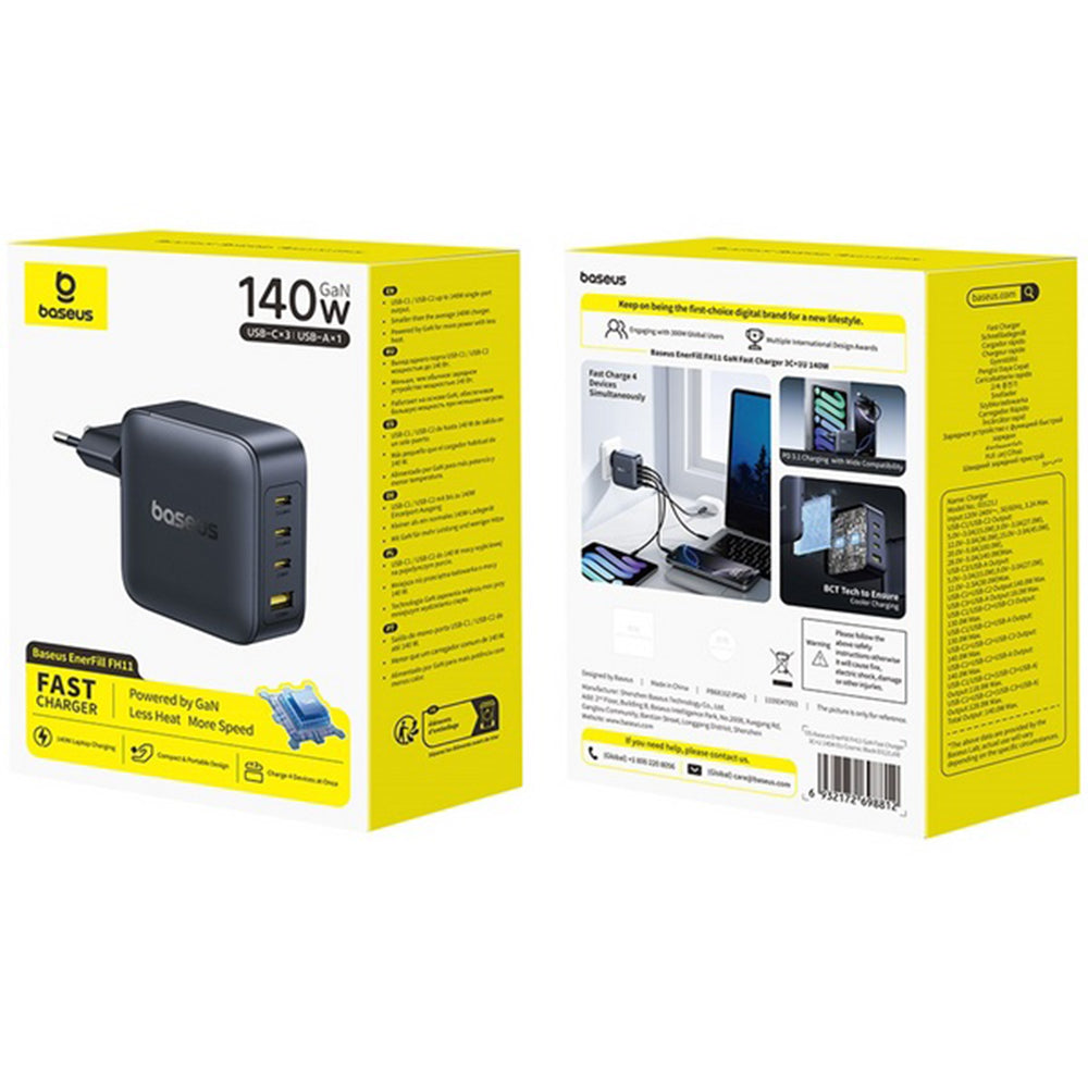 Baseus EnerFill FH11 nettverkslader, 140W, 5A, 1 x USB-A - 3 x USB-C, Svart E0121J00
