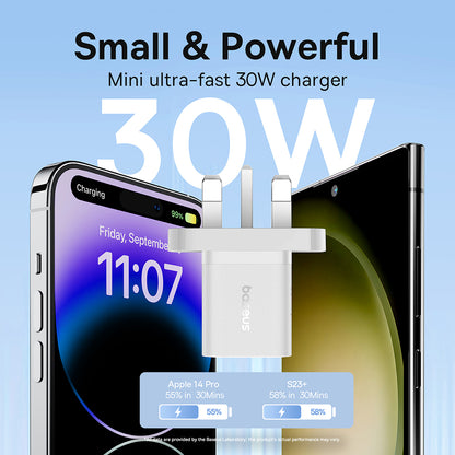 Baseus GaN5 UK nettverkslader, 30W, 3A, 1 x USB-C, Hvit P10110906213-00