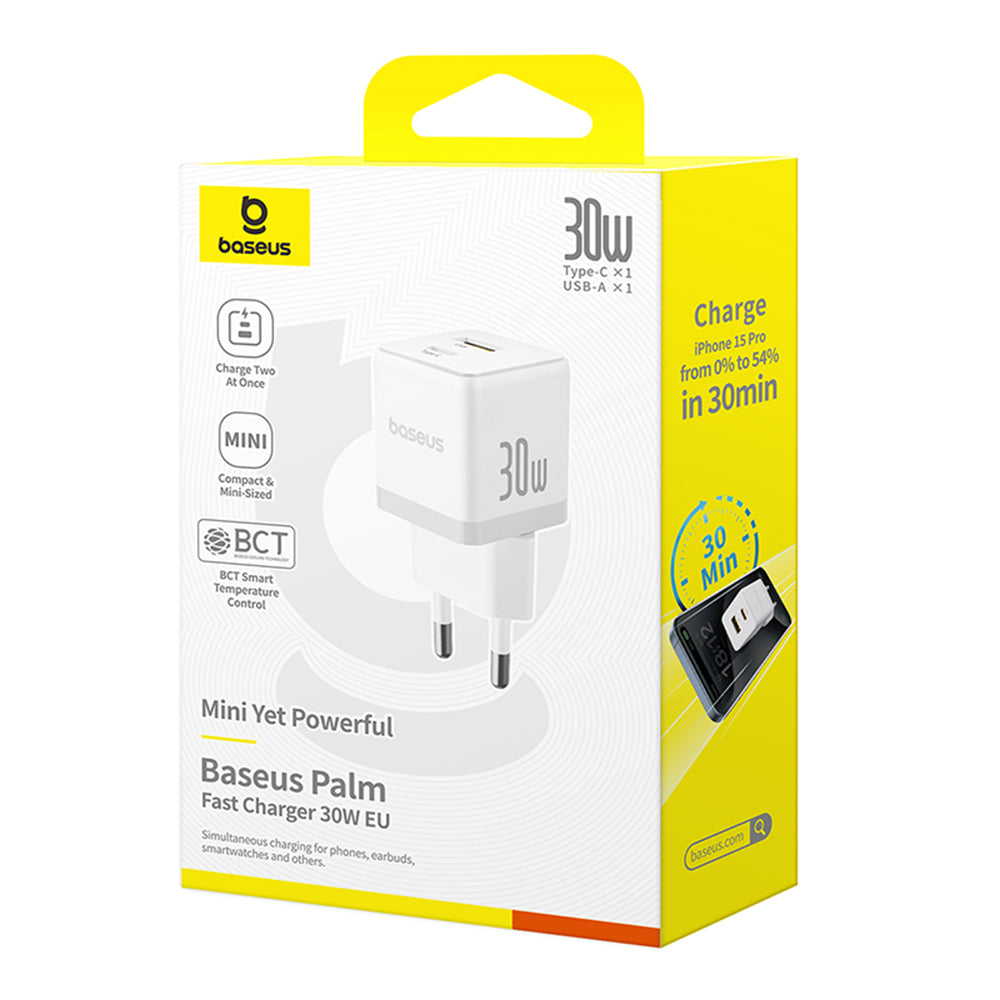 Baseus Palm nettverkslader, 30W, 3A, 1 x USB-A - 1 x USB-C, Hvit P1011160A213-00