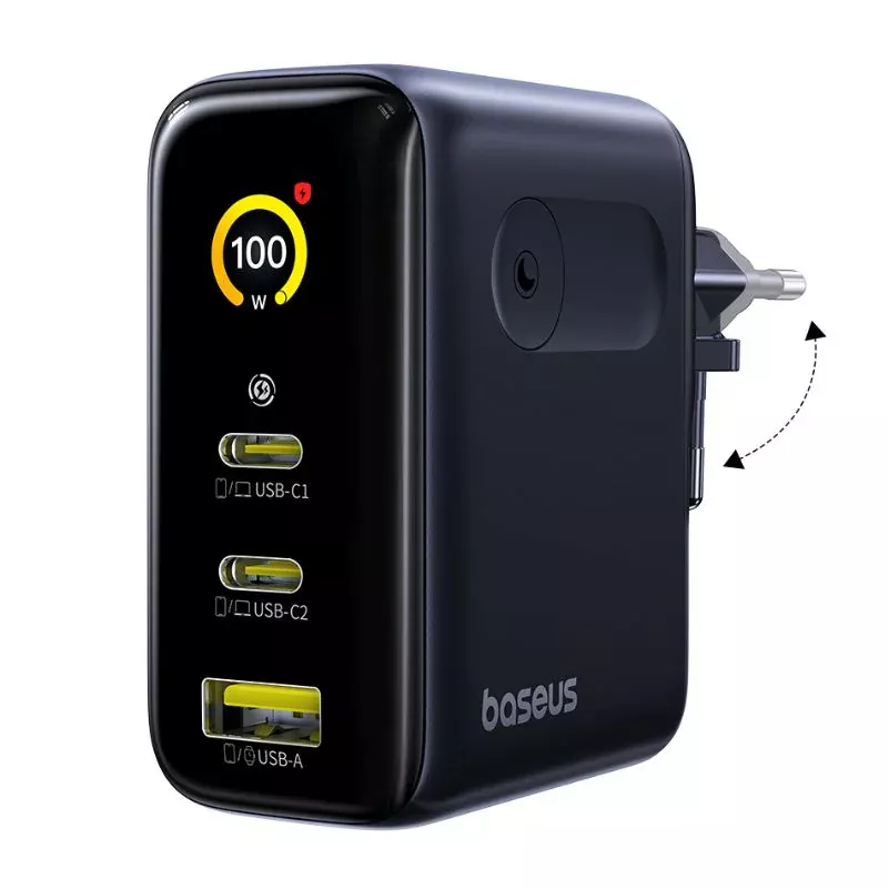 Baseus PicoGo AE21 Display Nettlader, 100W, 5A, 1 x USB-A - 2 x USB-C, Svart E0121B00