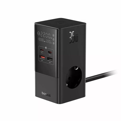 Baseus PowerCombo nettverkslader, 35W, 5A, 2 x USB-A - 2 x USB-C - 3 x Schuko, Svart, Reseglet E00023606113-00