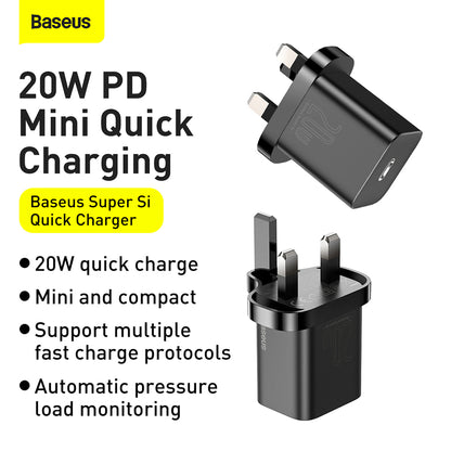 Baseus Super Si UK nettverkslader, 20W, 3A, 1 x USB-C, Svart CCSUP-K01