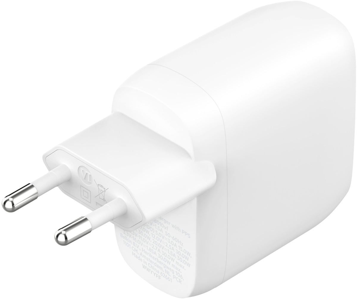 Belkin BoostCharge Pro Dual nettadapter, 60W, 3A, 2 x USB-C, hvit WCB010vfWH