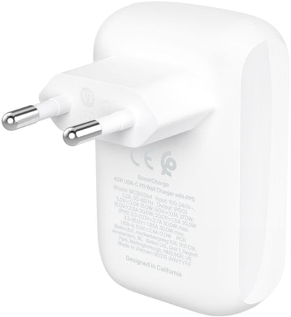 Belkin BoostCharge Dual Nettlader, 42W, 3A, 1 x USB-A - 1 x USB-C, Hvit WCB009vfWH