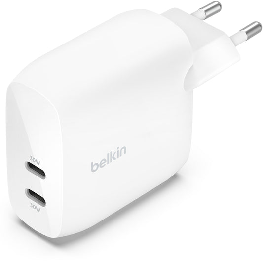 Belkin BoostCharge Pro Dual nettadapter, 60W, 3A, 2 x USB-C, hvit WCB010vfWH