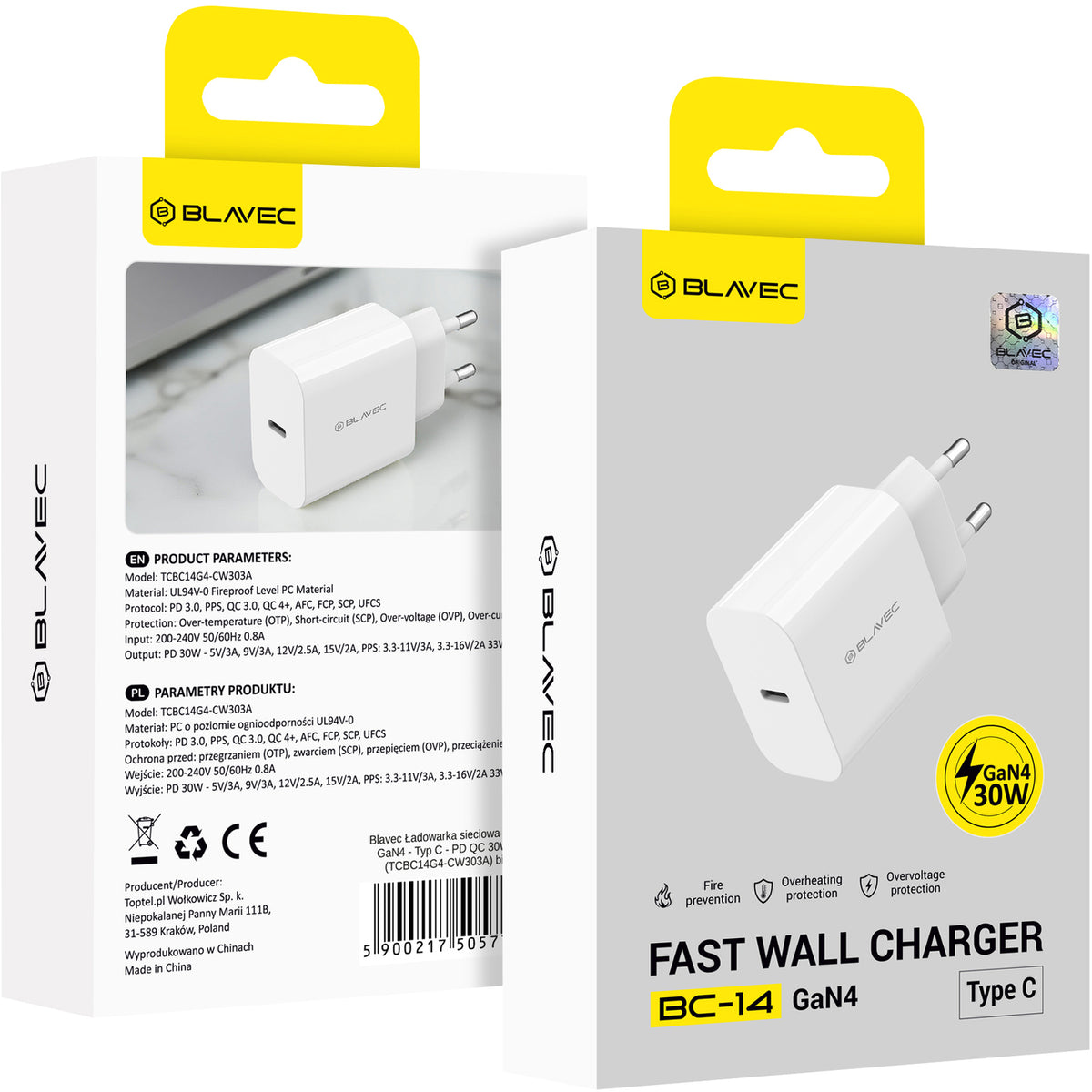 Blavec BC-14 nettadapter, 30 W, 3 A, 1 x USB-C, hvit
