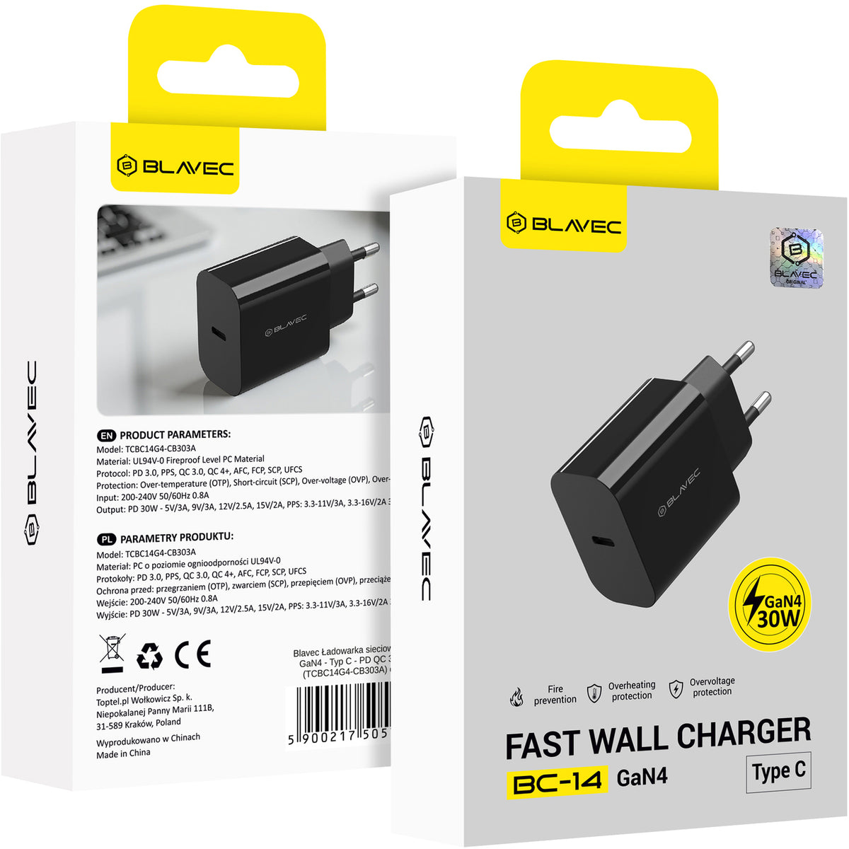Blavec BC-14 nettadapter, 30 W, 3 A, 1 x USB-C, svart