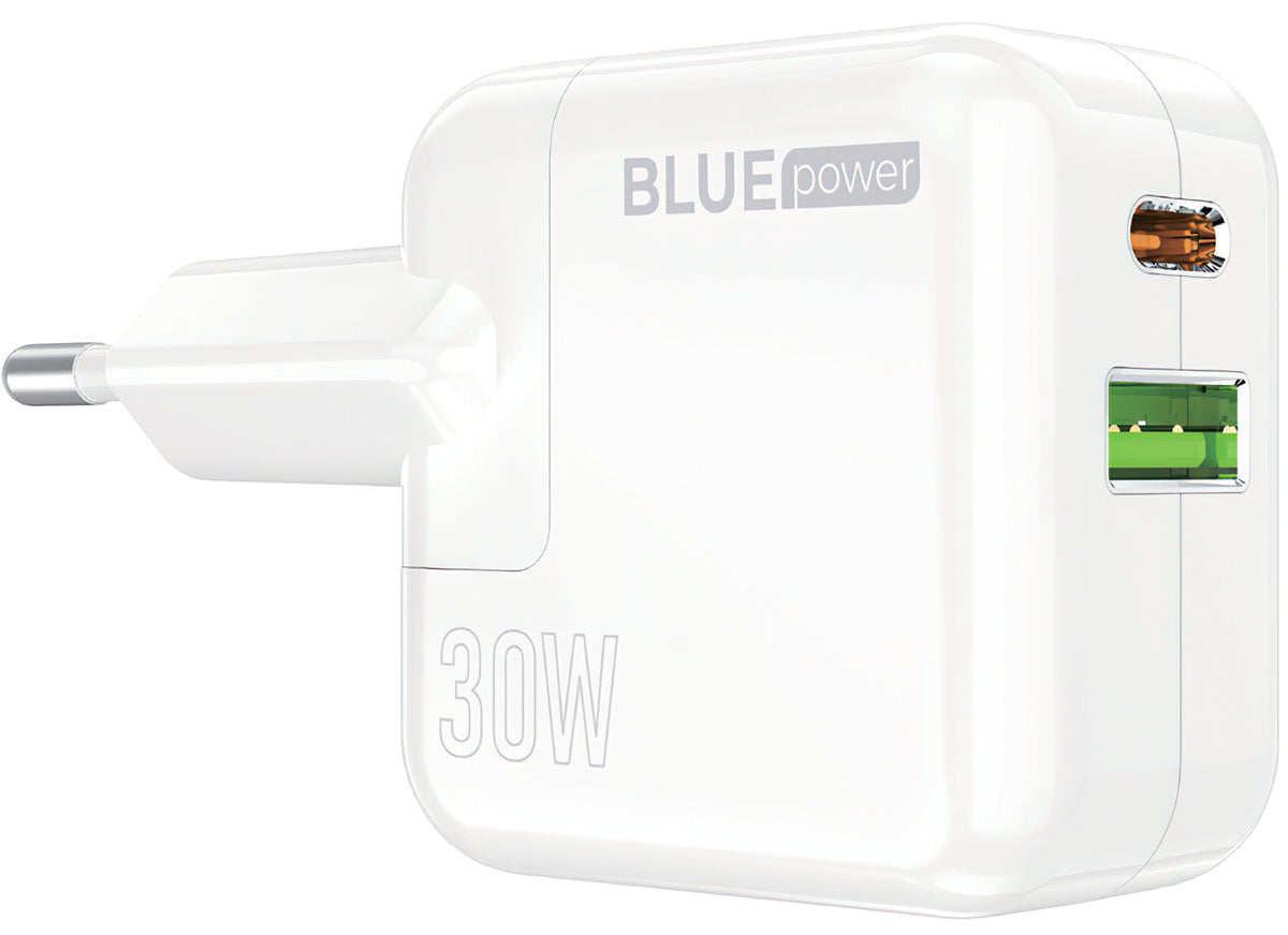 Nettverkslader BLUE Power BC111A, 30W, 3A, 1 x USB-A - 1 x USB-C, hvit 