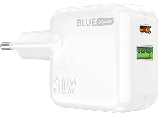 Nettverkslader BLUE Power BC111A, 30W, 3A, 1 x USB-A - 1 x USB-C, hvit 