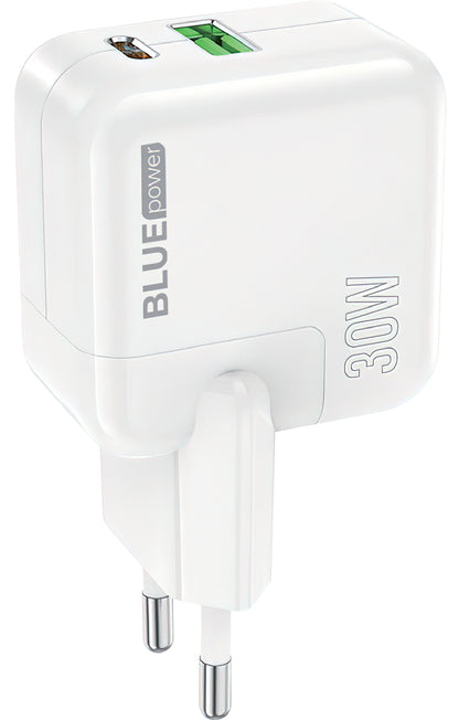 Nettverkslader BLUE Power BC111A, 30W, 3A, 1 x USB-A - 1 x USB-C, hvit 