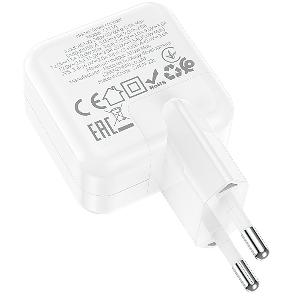 Nettverkslader BLUE Power BC111A, 30W, 3A, 1 x USB-A - 1 x USB-C, hvit 