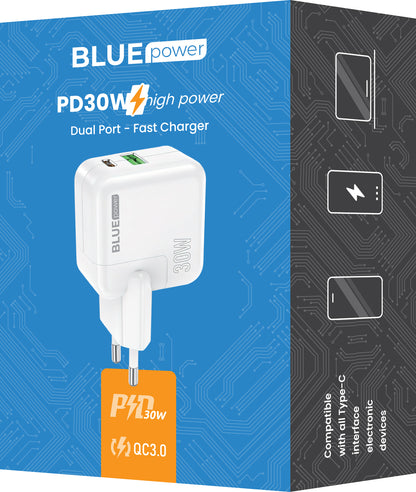 Nettverkslader BLUE Power BC111A, 30W, 3A, 1 x USB-A - 1 x USB-C, hvit 