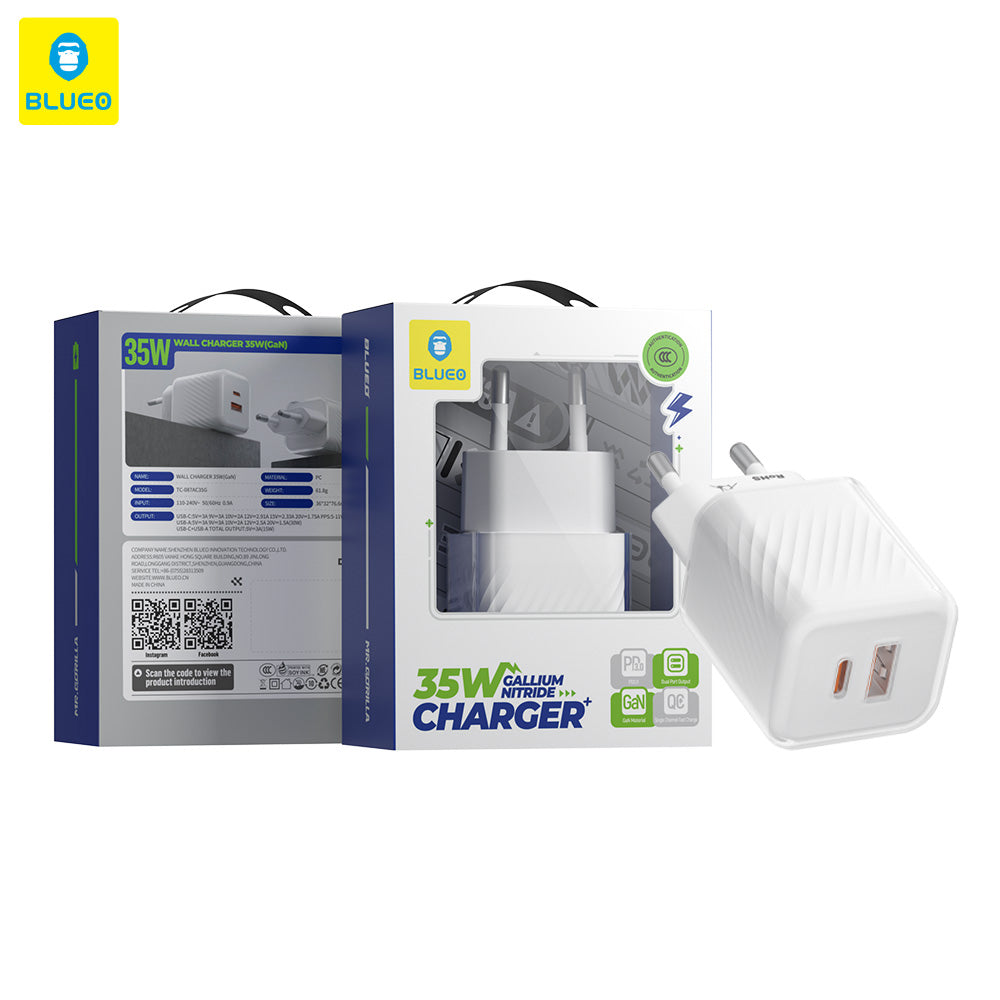Blueo Nettlader, 35W, 3A, 1 x USB-A - 1 x USB-C, Hvit