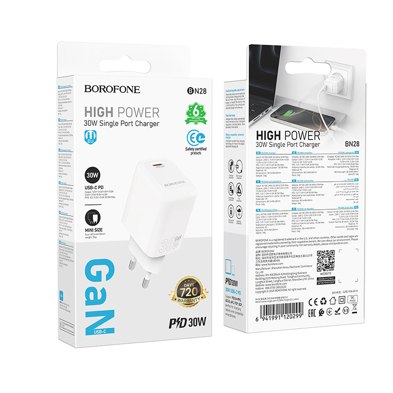 Borofone BN28 Fuente nettverkslader, 30W, 3A, 1 x USB-C, Hvit