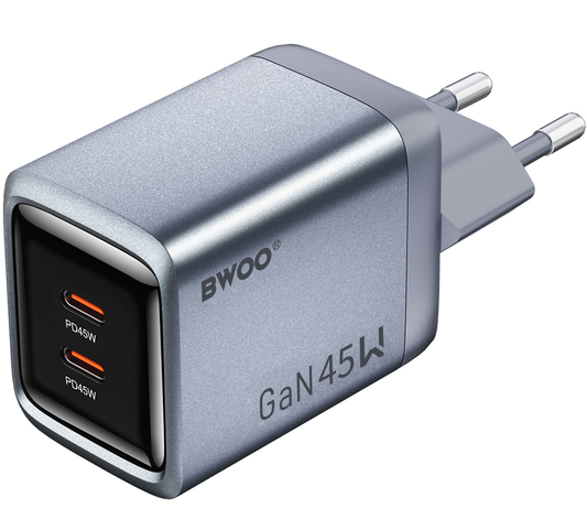 BWOO BO-CDA239 Nettlader, 45W, 3A, 2 x USB-C, Grå